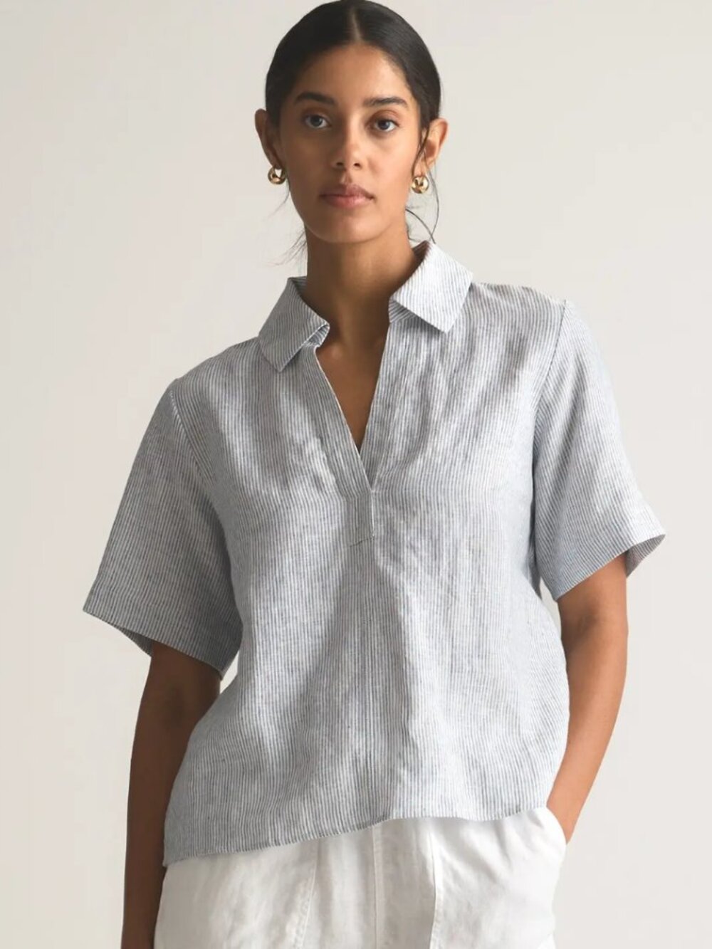 Quince 100% Linen Short Sleeve Popover Top | Blue/White Stripe | Womens XS